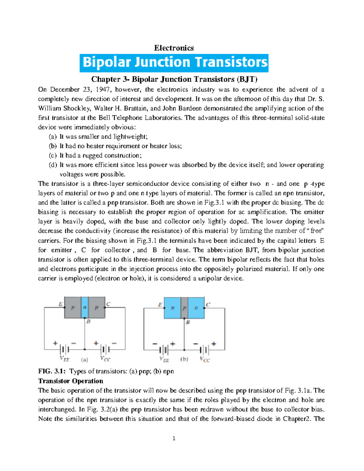Electronics Fund Ch3 BJT Electronics Chapter 3 Bipolar Junction