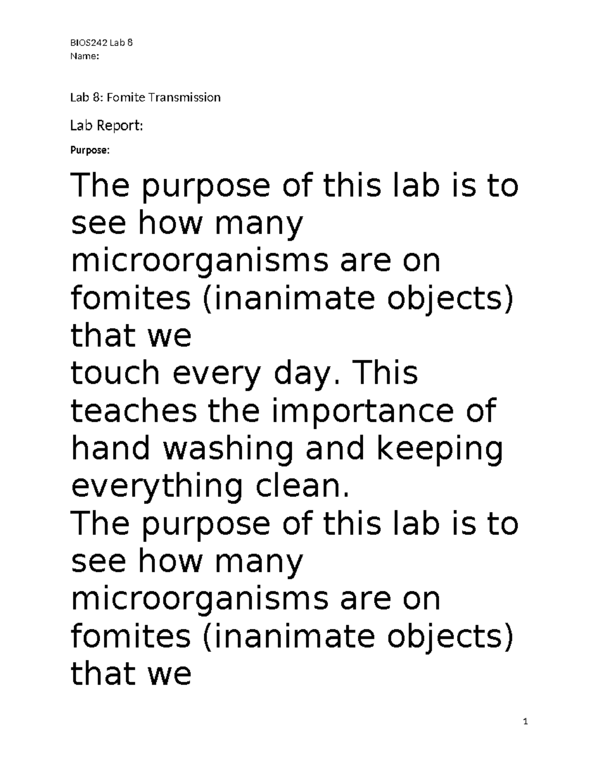 Lab 8 - Fomite transmission - Name: Lab 8: Fomite Transmission Lab ...