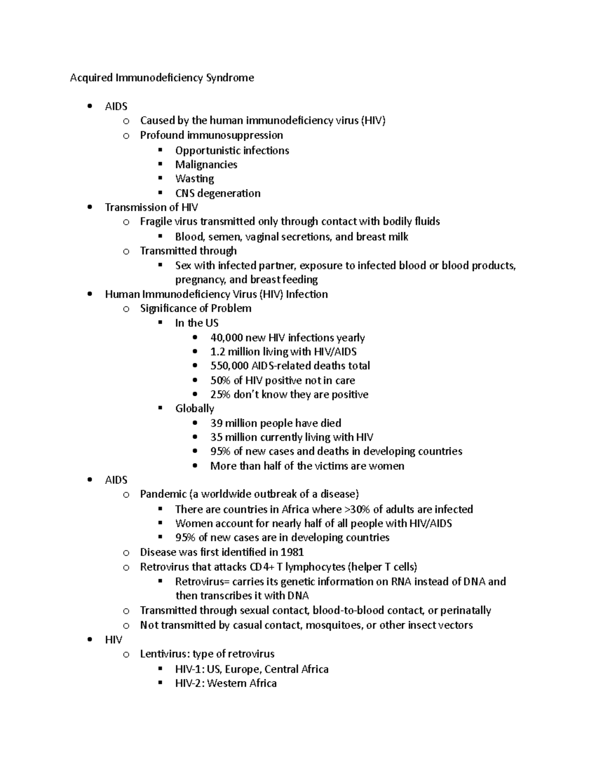 AIDS - Lecture notes notes - Acquired Immunodeficiency Syndrome AIDS o ...