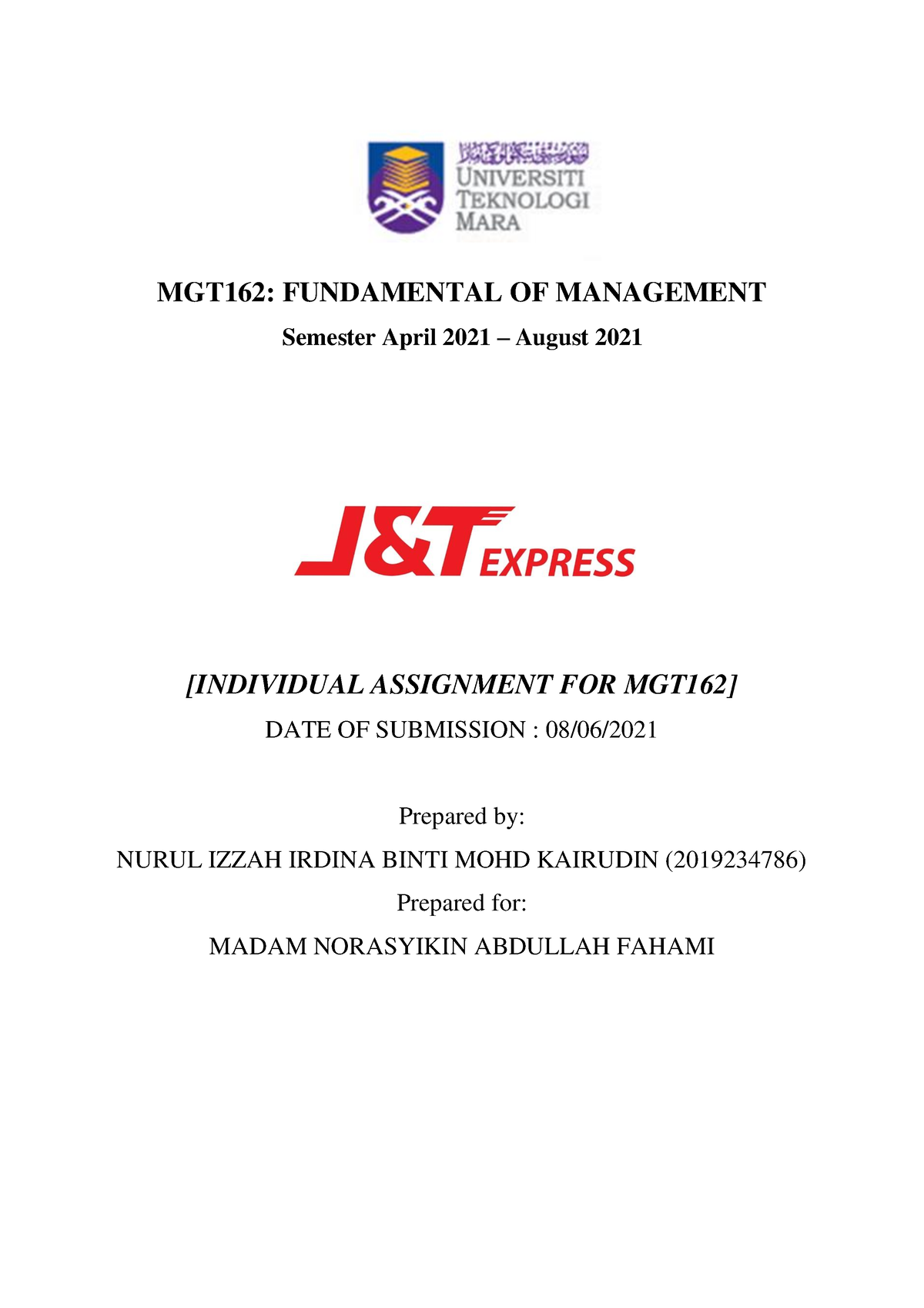 Individual Assingment MGT162 - MGT162: FUNDAMENTAL OF MANAGEMENT ...