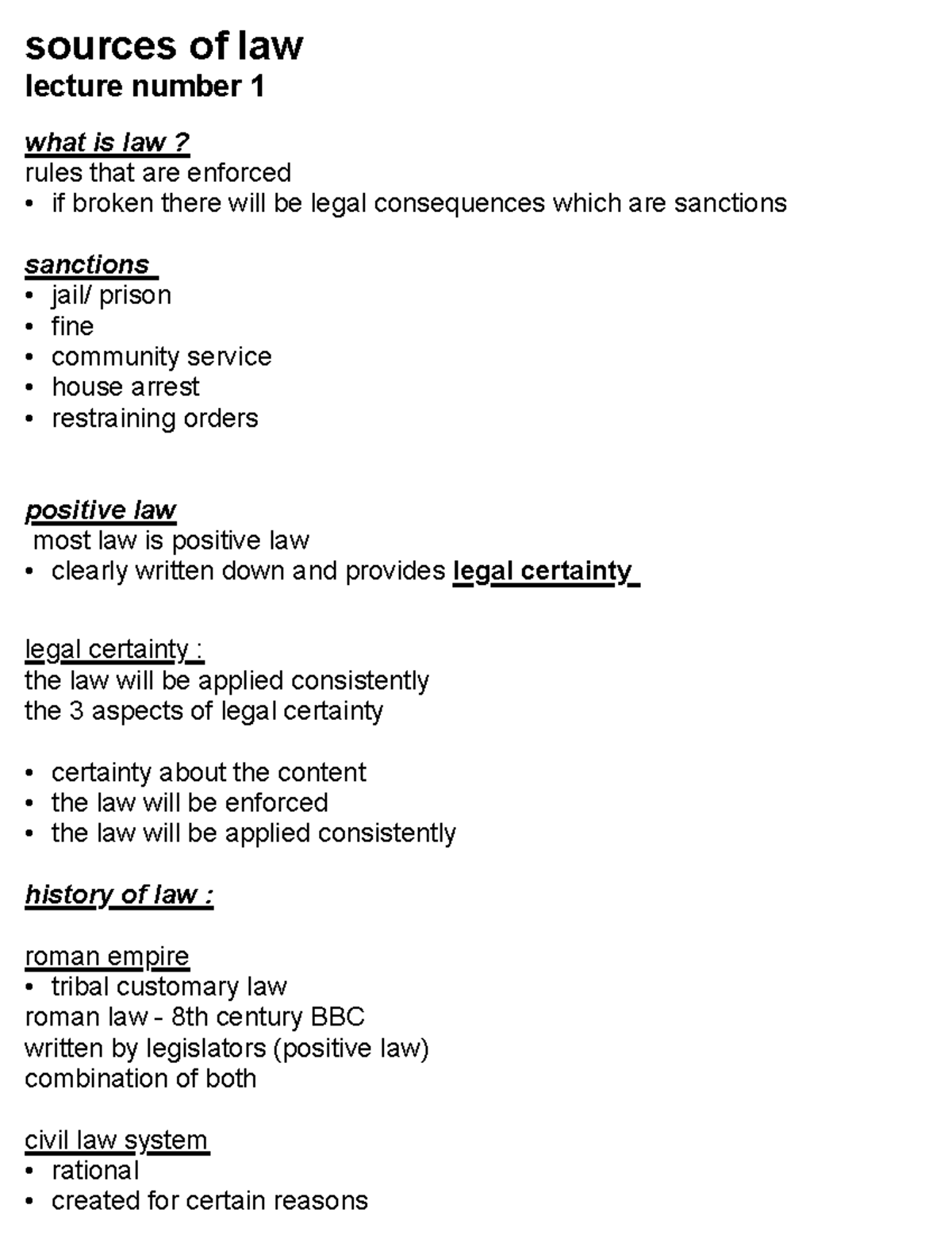 WEEK 1 Notes Typed UP Note 13 Sep 2023 - sources of law lecture number ...