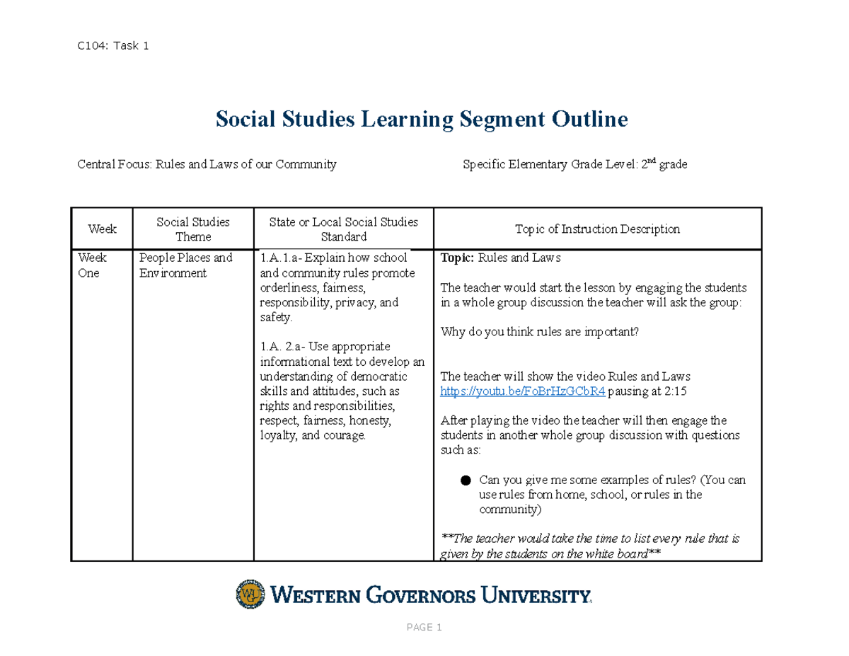 Elementary Social Studies Methods Revsions Passed C104 Task 1 Social