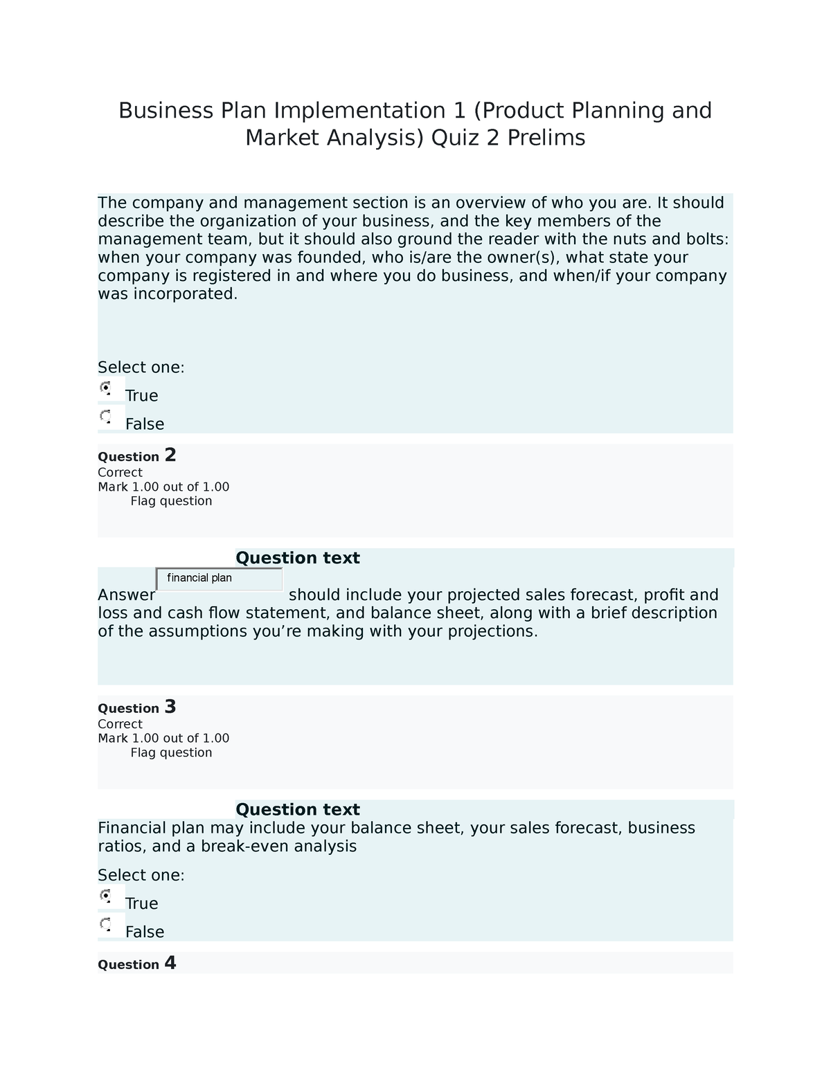 business planning quizzes