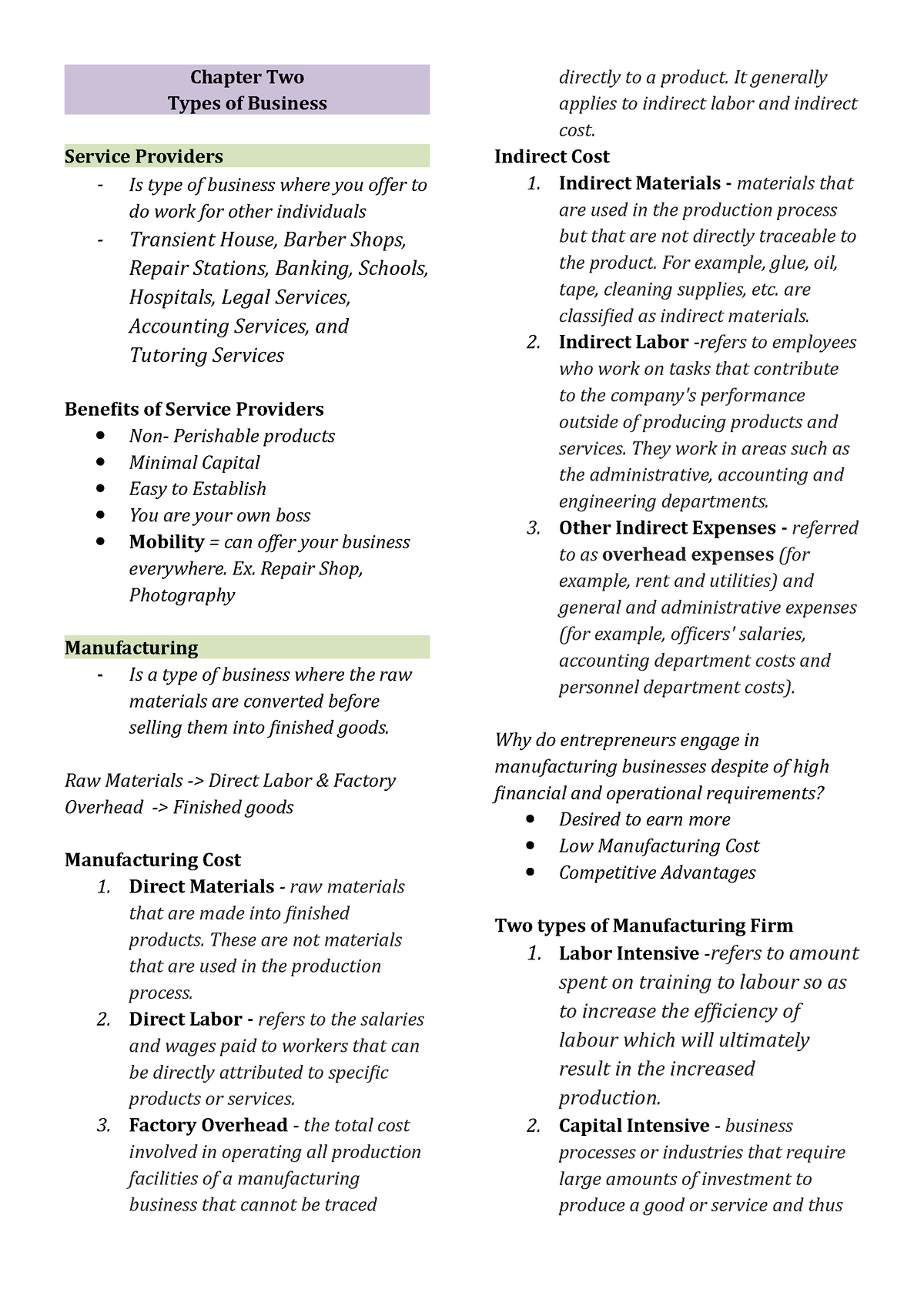 Chapter 2 Types of Business - Chapter Two Types of Business Service ...