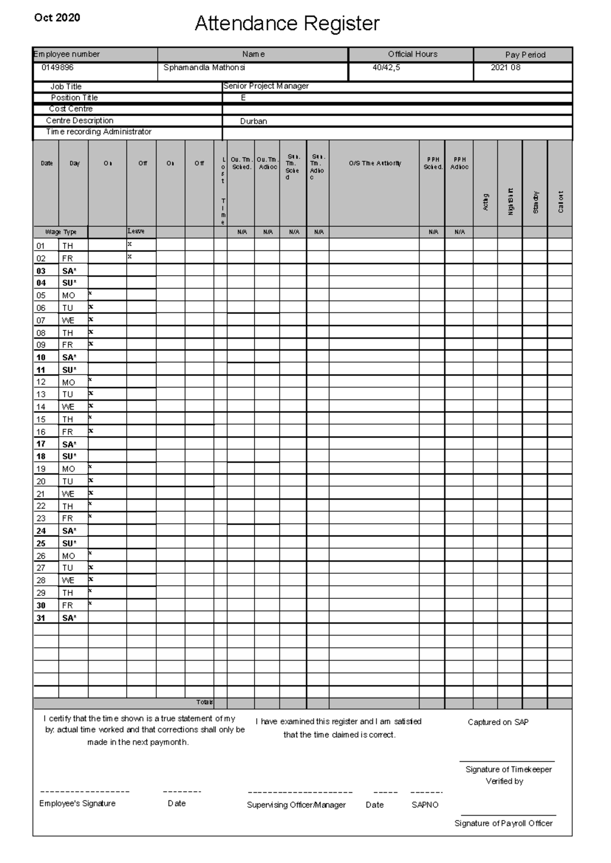 Manual October 2020 timecard - Oct 2020 Attendance Register Employee ...