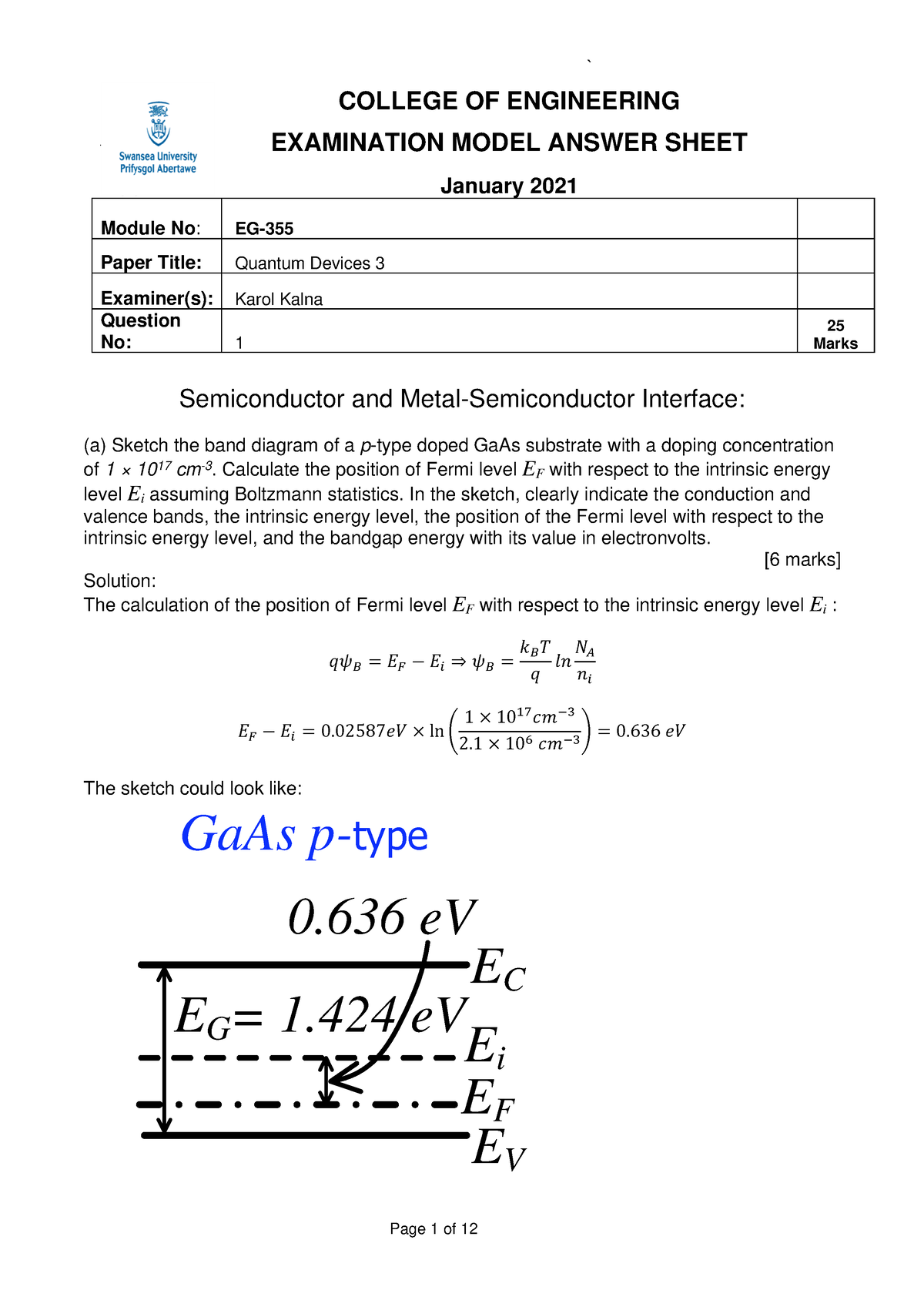 EG 355Quantum Devices Model Answers Take Home Exam 2020 21 - 1 COLLEGE ...