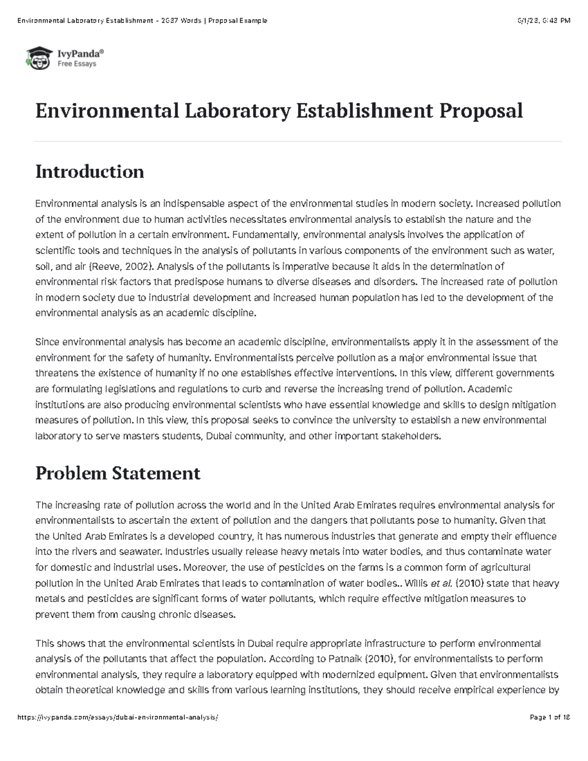 Environmental Laboratory Establishment 2637 Words Proposal Example