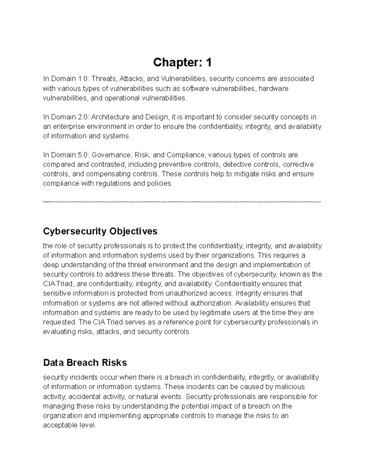 Security+ Study Guide Chapter 1 Summary Chapter 1 In Domain 1