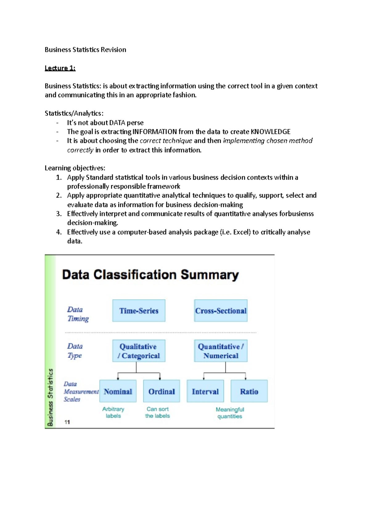 Business Statistics Revision - Business Statistics Revision Lecture 1 ...