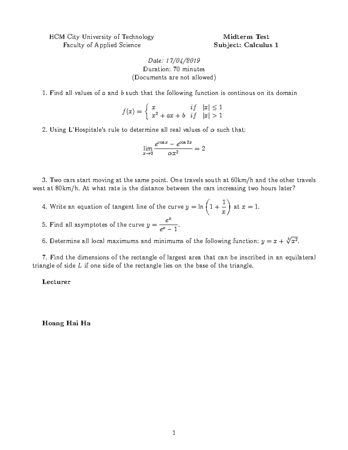 Midterm Exam 182 Calculus - Linear Algebra - Đại Học Công Nghệ Thành ...