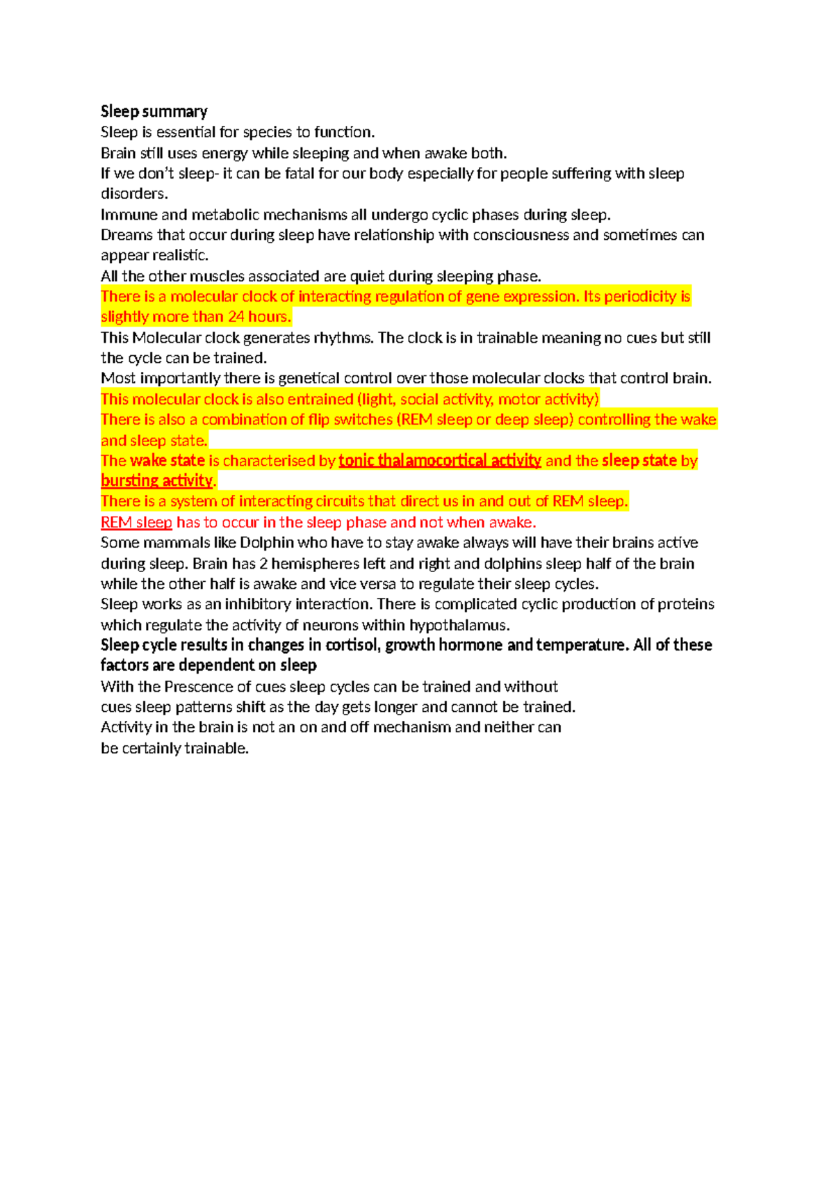 Sleep summary-1 - Sleep summary Sleep is essential for species to ...