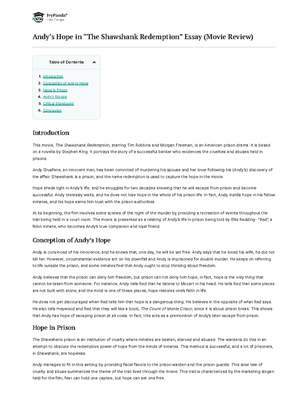 Andy's Hope in The Shawshank Redemption 1068 Words Movie Review Example Andy’s Hope in “The