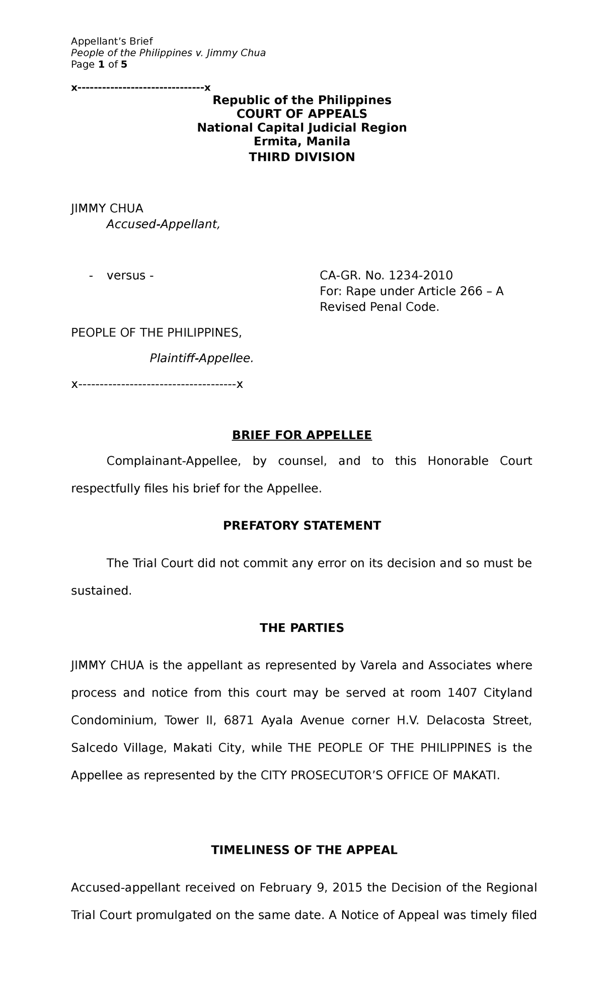 Prac Court Appellees Brief Sample - People of the Philippines v. Jimmy ...