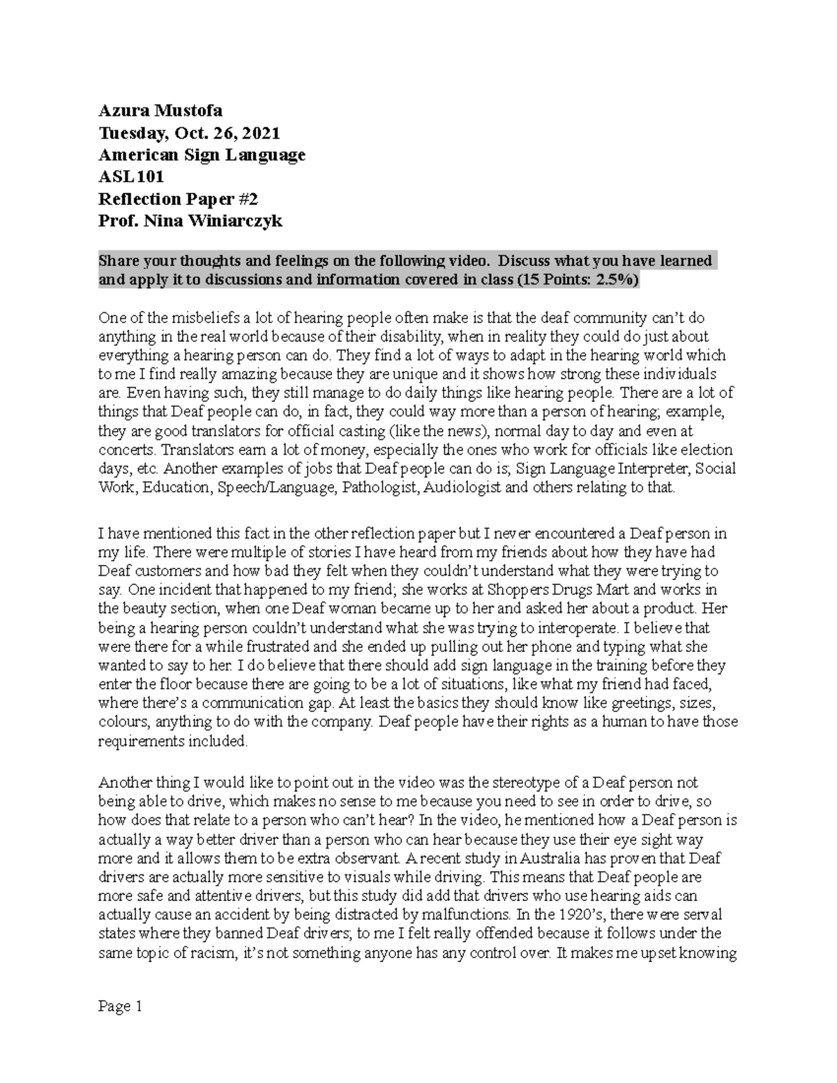 Azura Mustofa- Reflection Paper #2 - Azura Mustofa Tuesday, Oct. 26 ...
