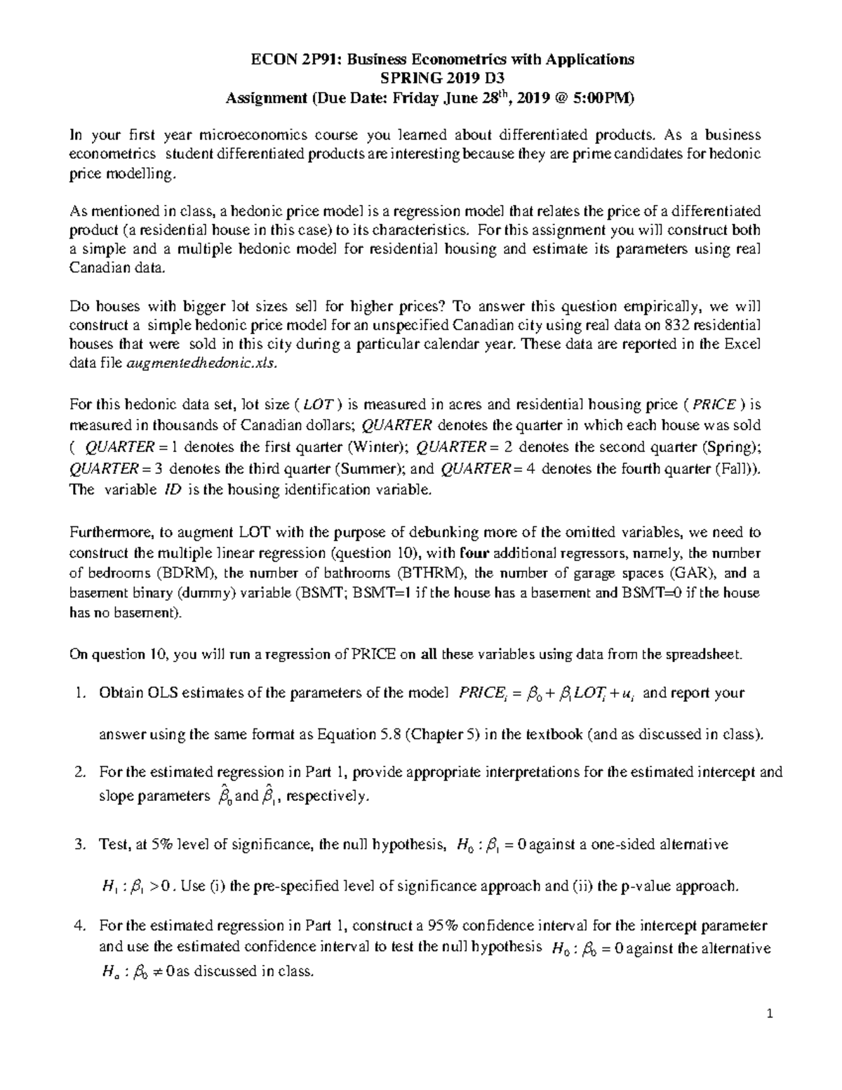 ECON2P91 SP19-Assignment - ECON 2P91: Business Econometrics With ...