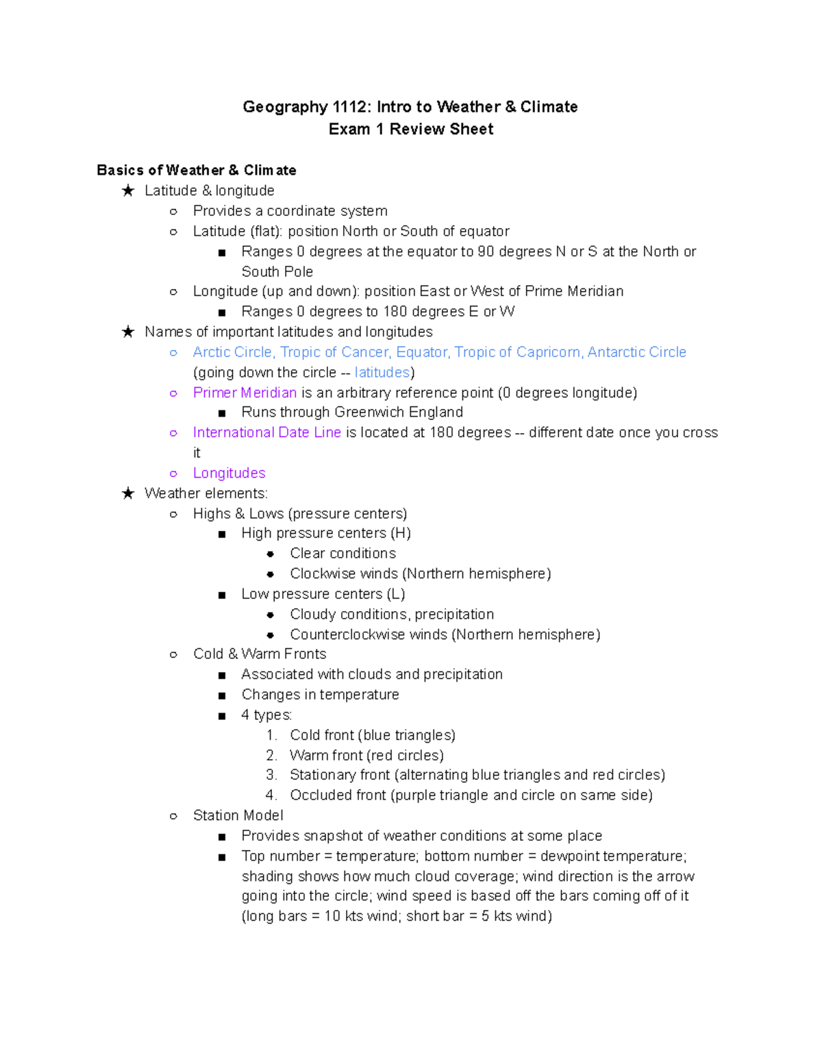 Review Sheet 1 - Study Guide For Test 1 - Geography 1112: Intro To ...