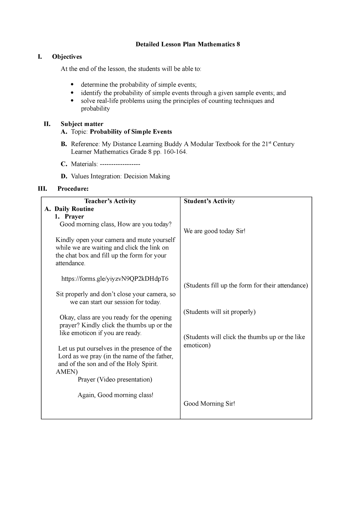 Probability of Simple Events - Detailed Lesson Plan Mathematics 8 I ...