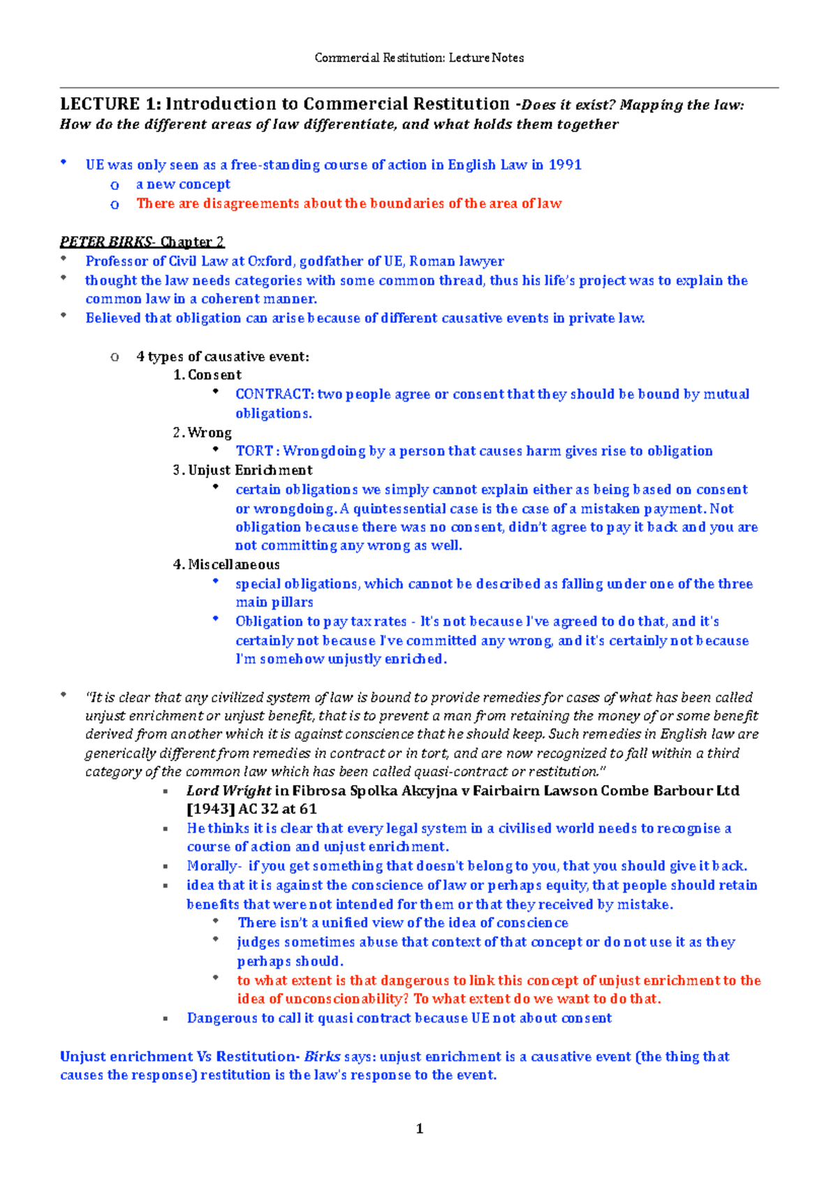 Commercial restitution law lecture 1 notes LECTURE 1 Introduction to
