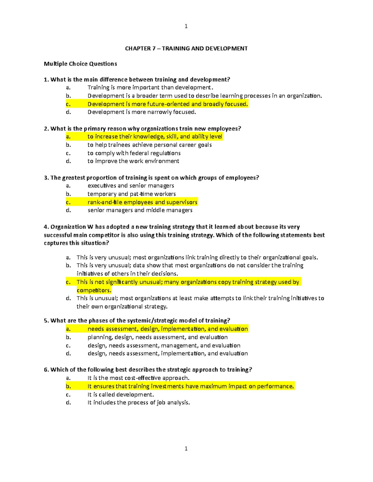 Chapter 7 - Multiple Choice - CHAPTER 7 – TRAINING AND DEVELOPMENT ...