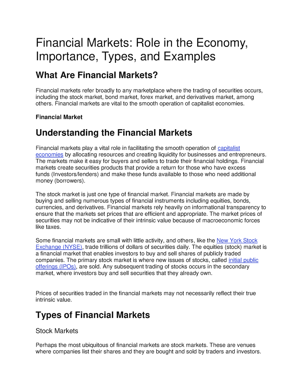 Financial Markets: Role in the Economy, Importance, Types, and Examples