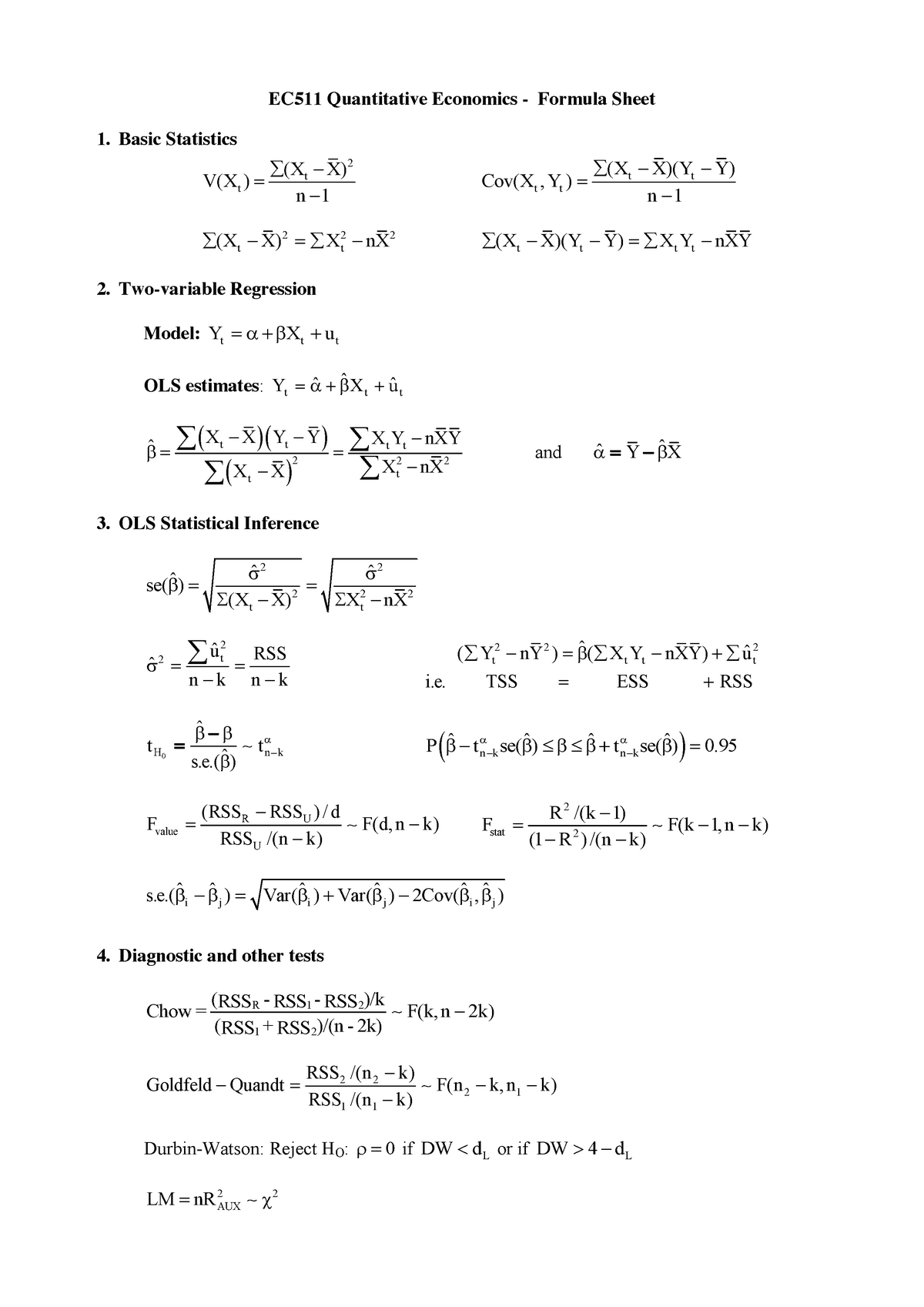 Formulae and Tables EC511 - EC511 Quantitative Economics Formula Sheet ...