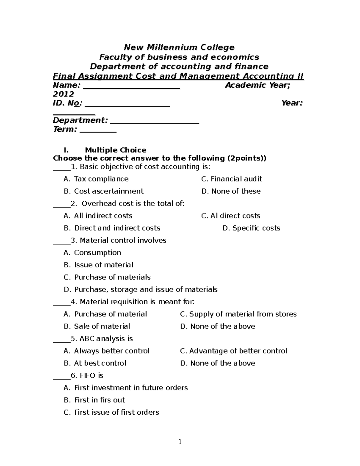 Cost Mgt Accounting II Final Assignment For 2nd Year Acct Dept New Millennium CollegeNew Studocu