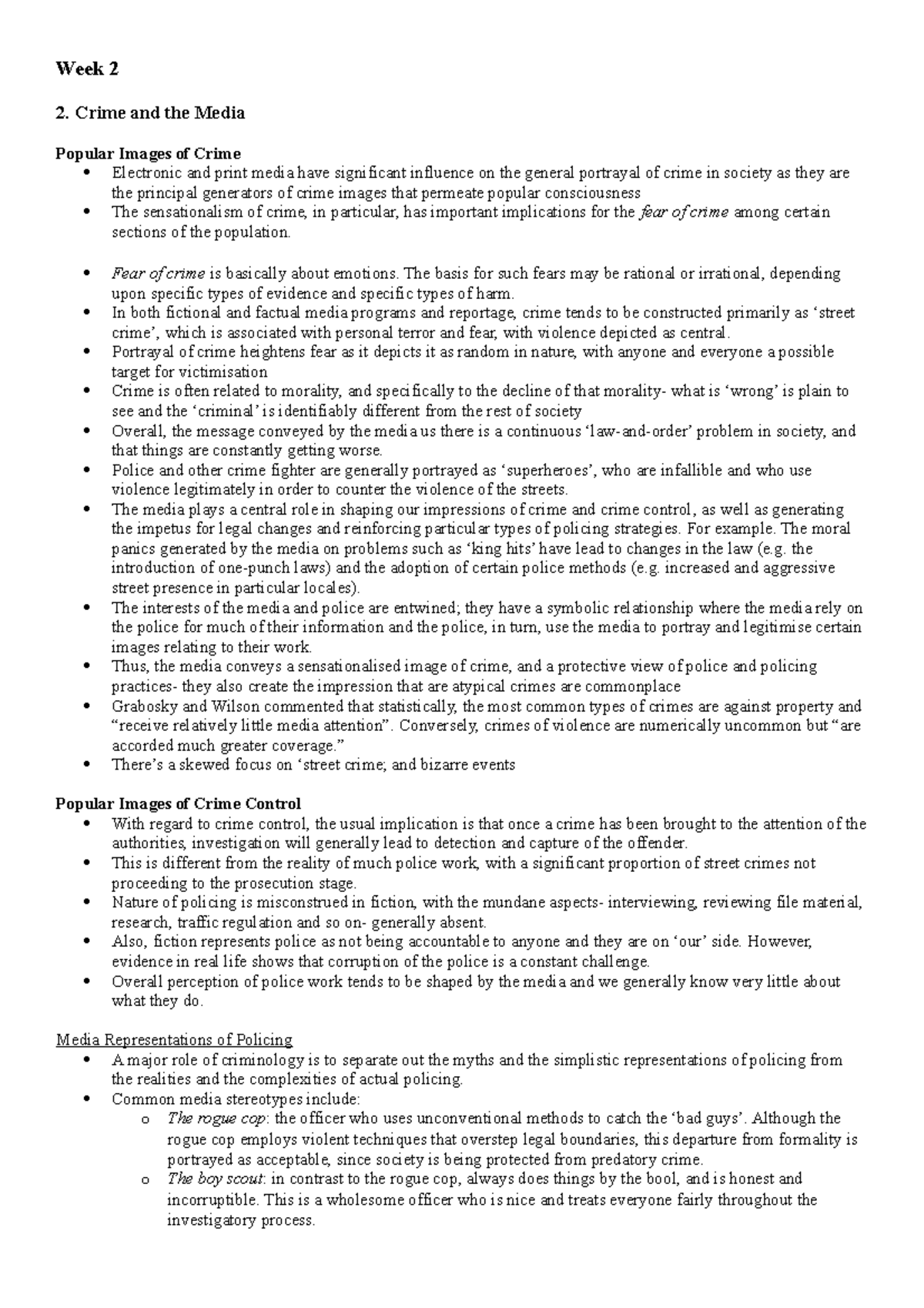 Textbook notes week 2 - Week 2 2. Crime and the Media Popular Images of ...
