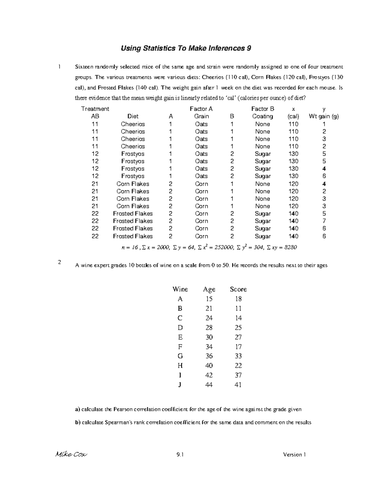 PSY1011 2016-2017 Example Sheet 9 - Using Statistics To Make Inferences ...