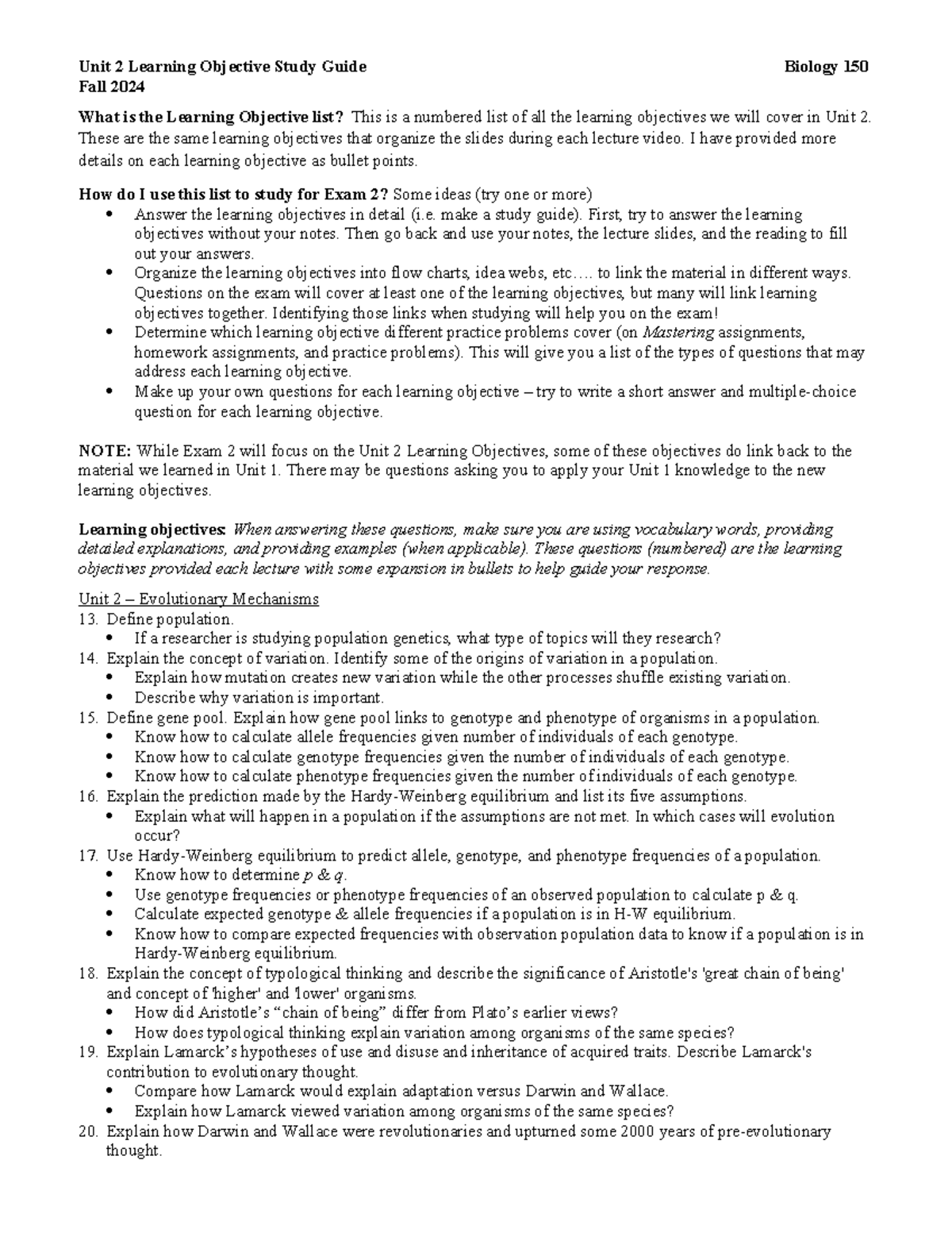 Biol150 F24 Unit2 LOs - Learning Objectives - notes - Unit 2 Learning ...