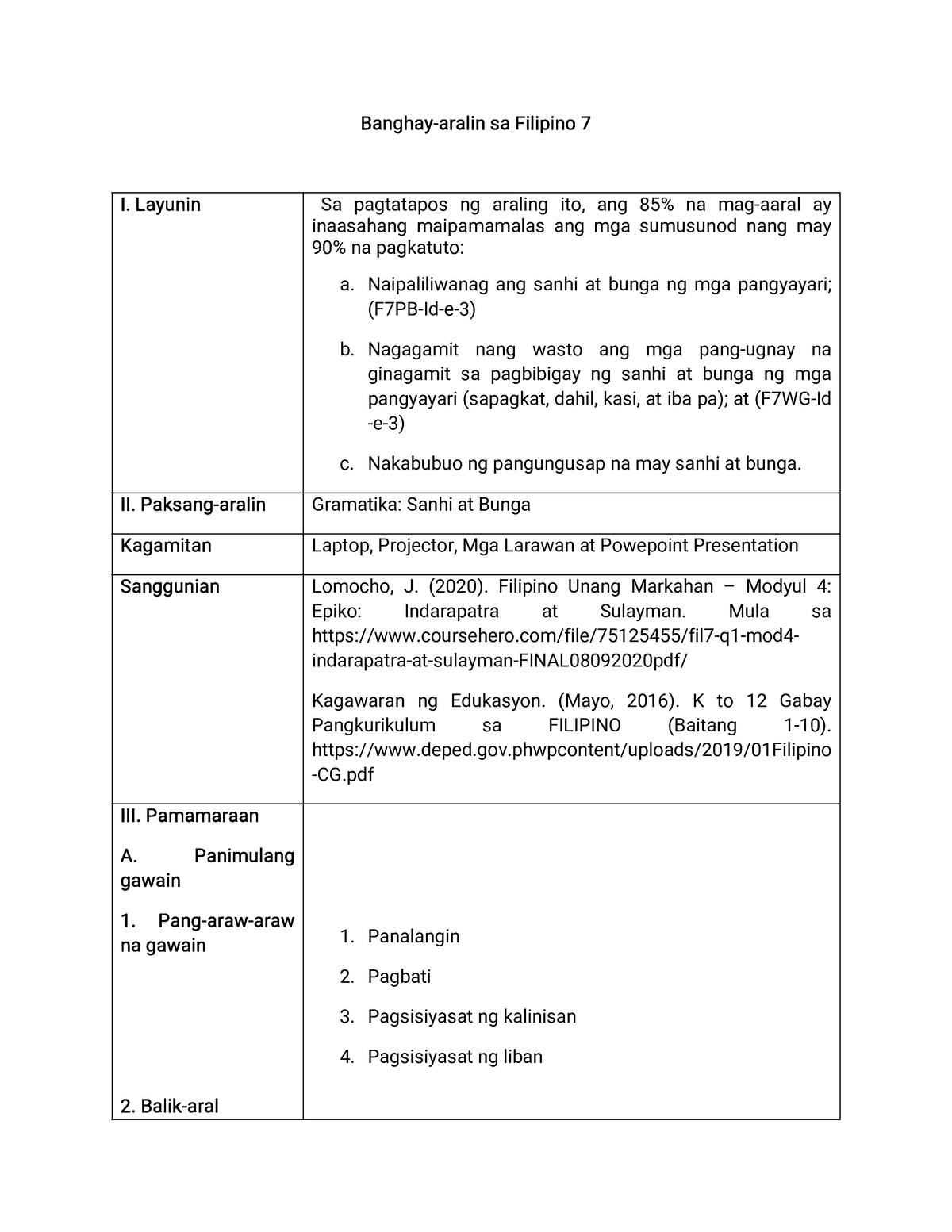 Malamasusing Banghay Aralin 5 Banghay Aralin Sa Filipino 7 I Layunin Sa Pagtatapos Ng Araling 6029