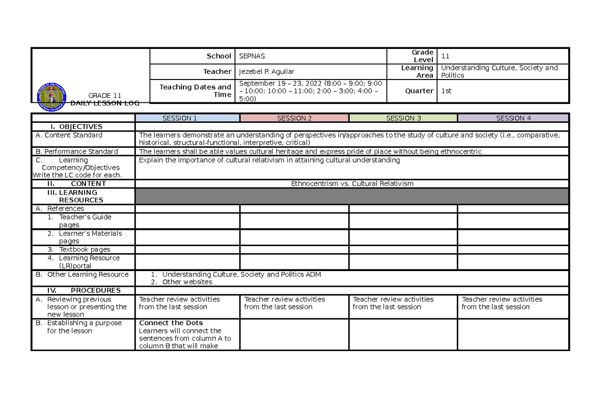 Sep 19-23 - Daily Lesson Log - School SEPNAS Grade Level 11 Teacher ...