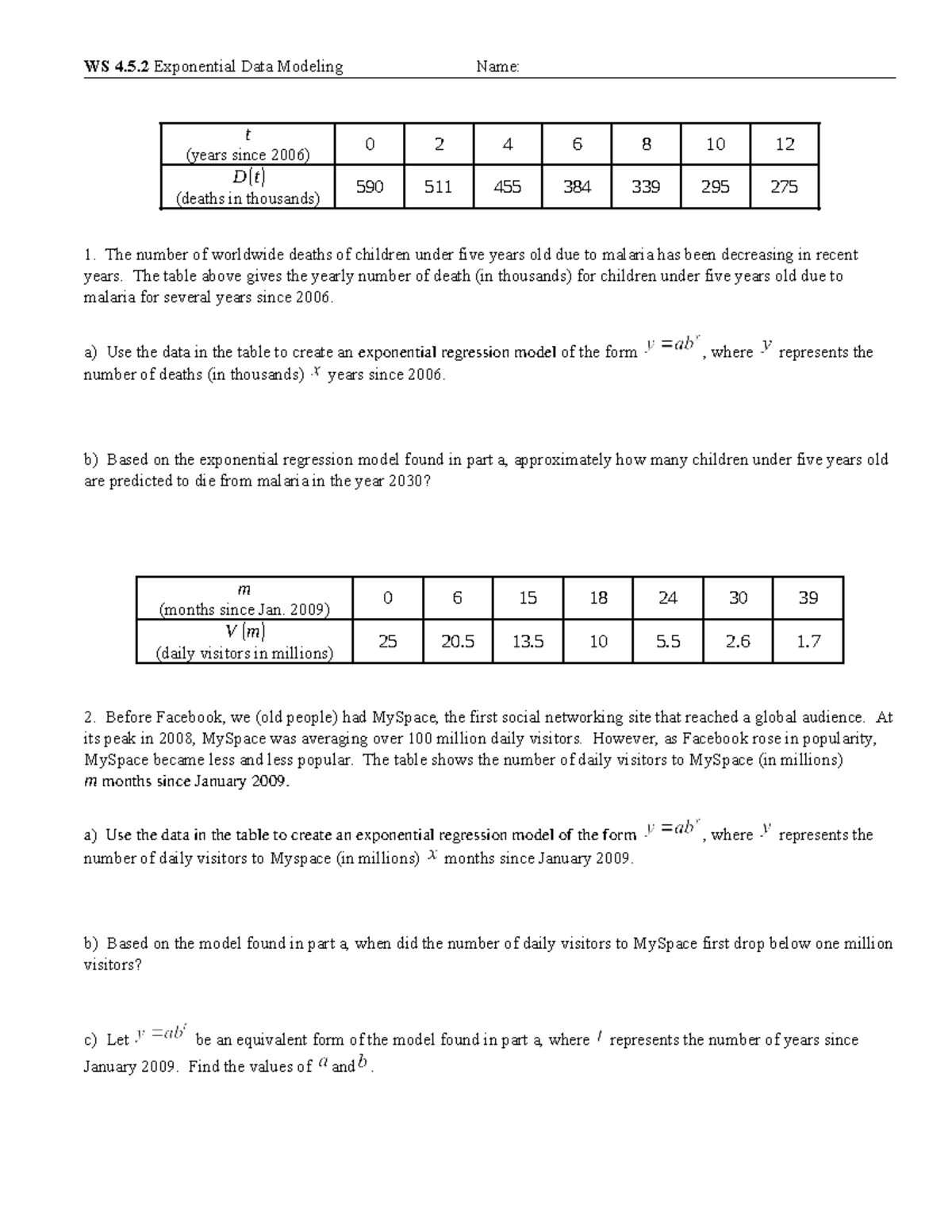 WS 4.5.2 Exponential Data Modeling - WS 4.5 Exponential Data Modeling ...