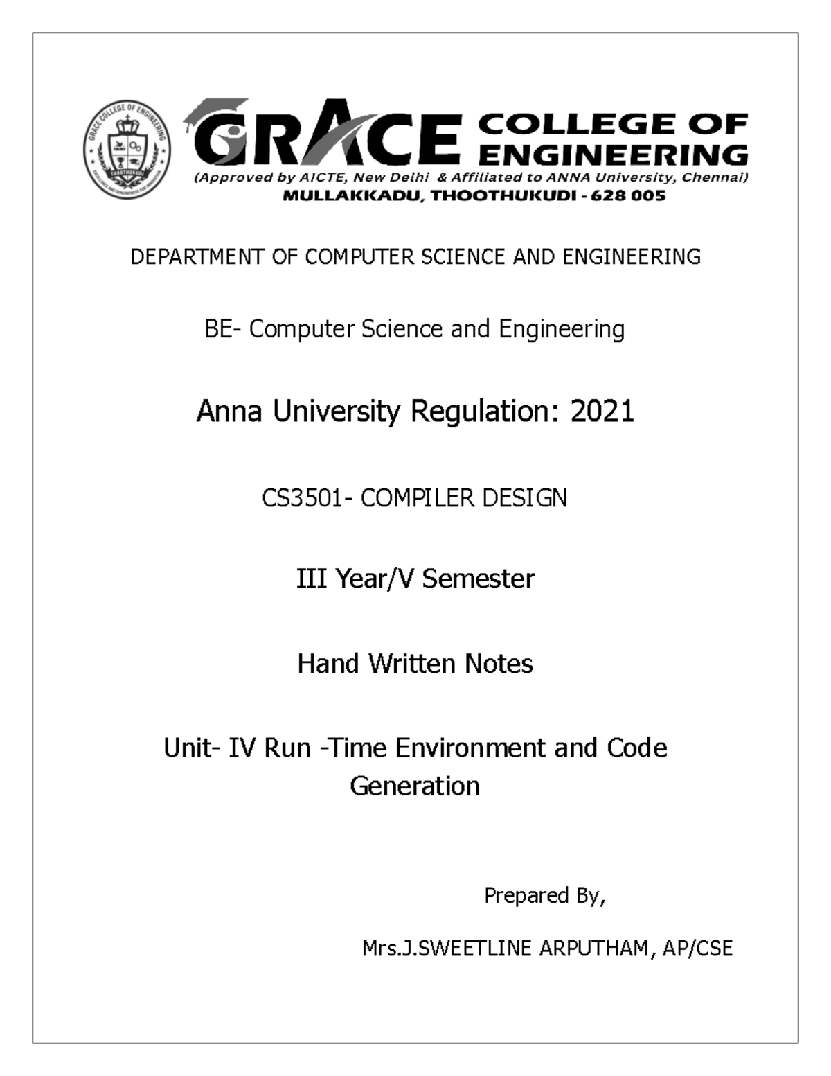 V CSE CS3501 CD UNIT 4 - compiler - Compiler Design - DEPARTMENT Unit ...