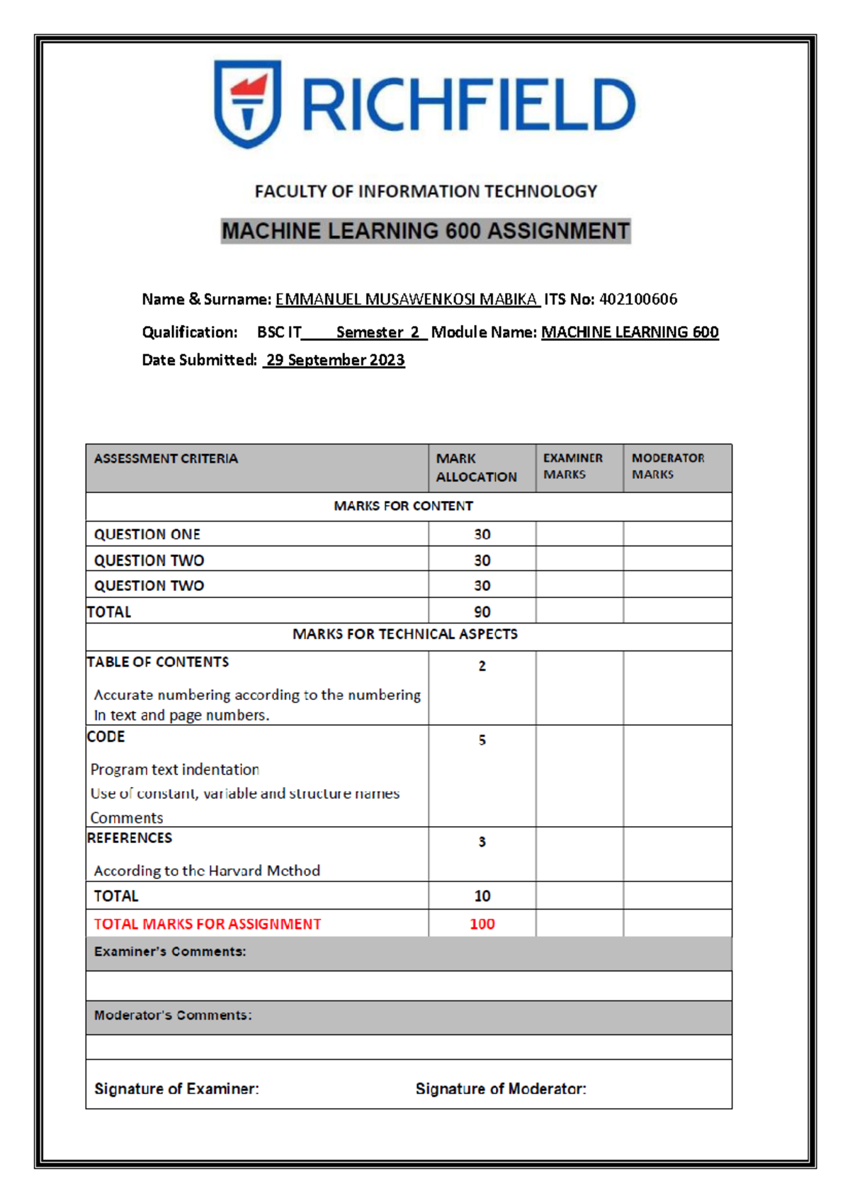 Machine Learning 600 - Table of Contents Name & Surname: EMMANUEL ...