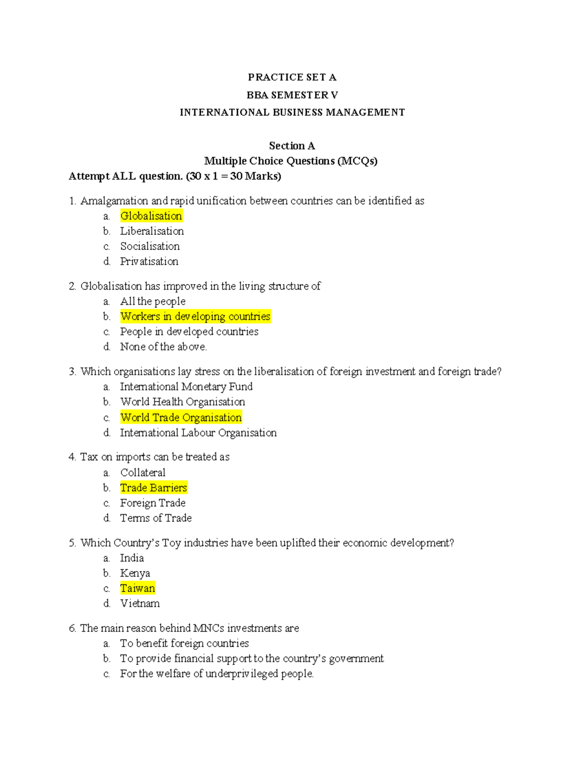 Practice Set A - Class Notes. - PRACTICE SET A BBA SEMESTER V ...