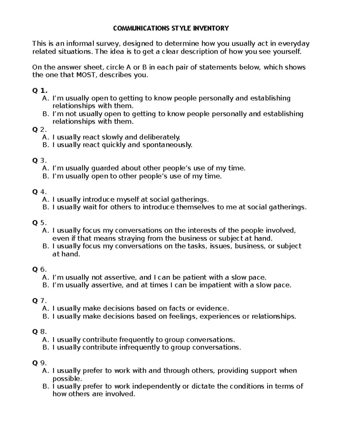 Communications Style Inventory - COMMUNICATIONS STYLE INVENTORY This is ...