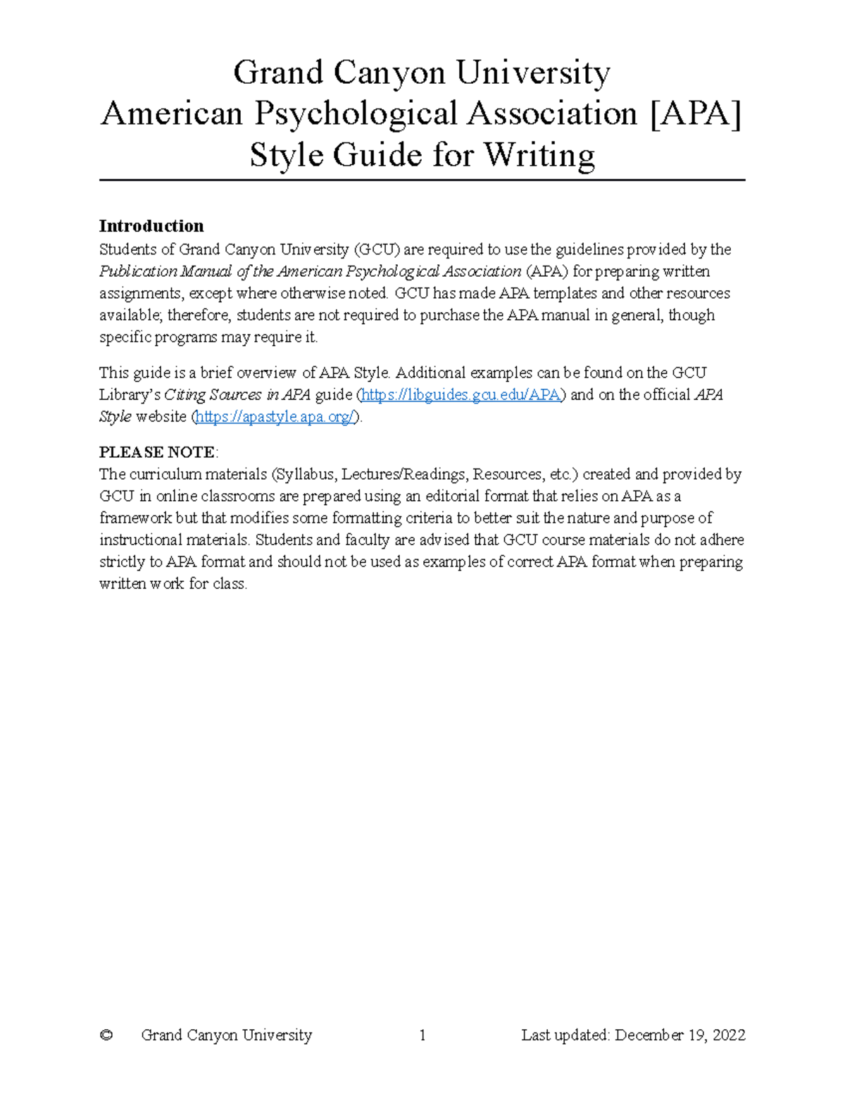 Writing Center Style Apa Th Edition Style Guide Grand Canyon University American