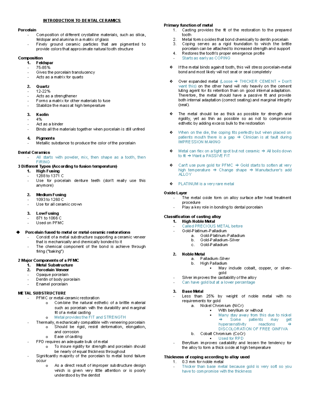 Prostho-F2 - fpd notes - INTRODUCTION TO DENTAL CERAMICS Porcelain ...