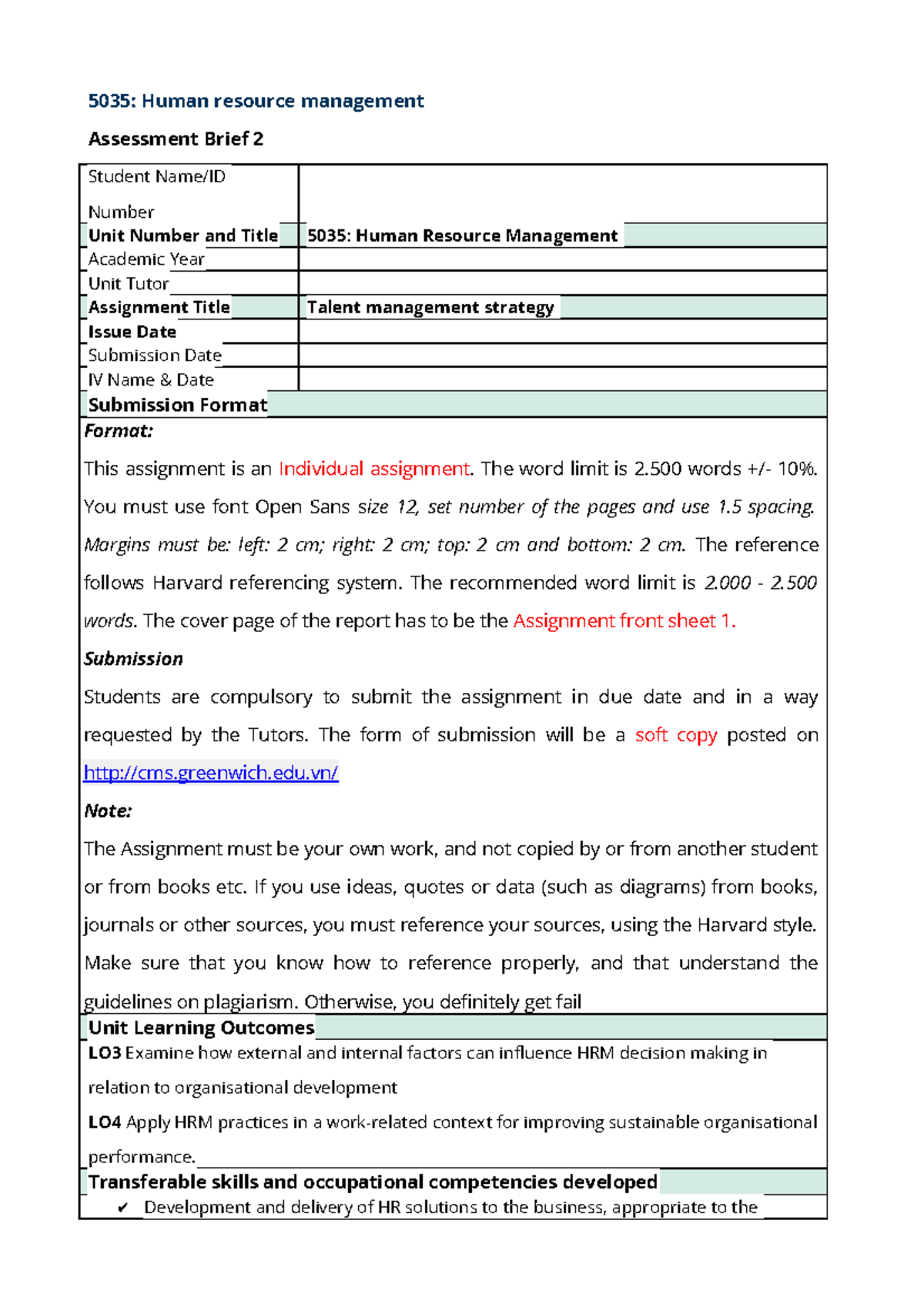 5035. Assignment brief 2 (Ver - 5035: Human resource management ...