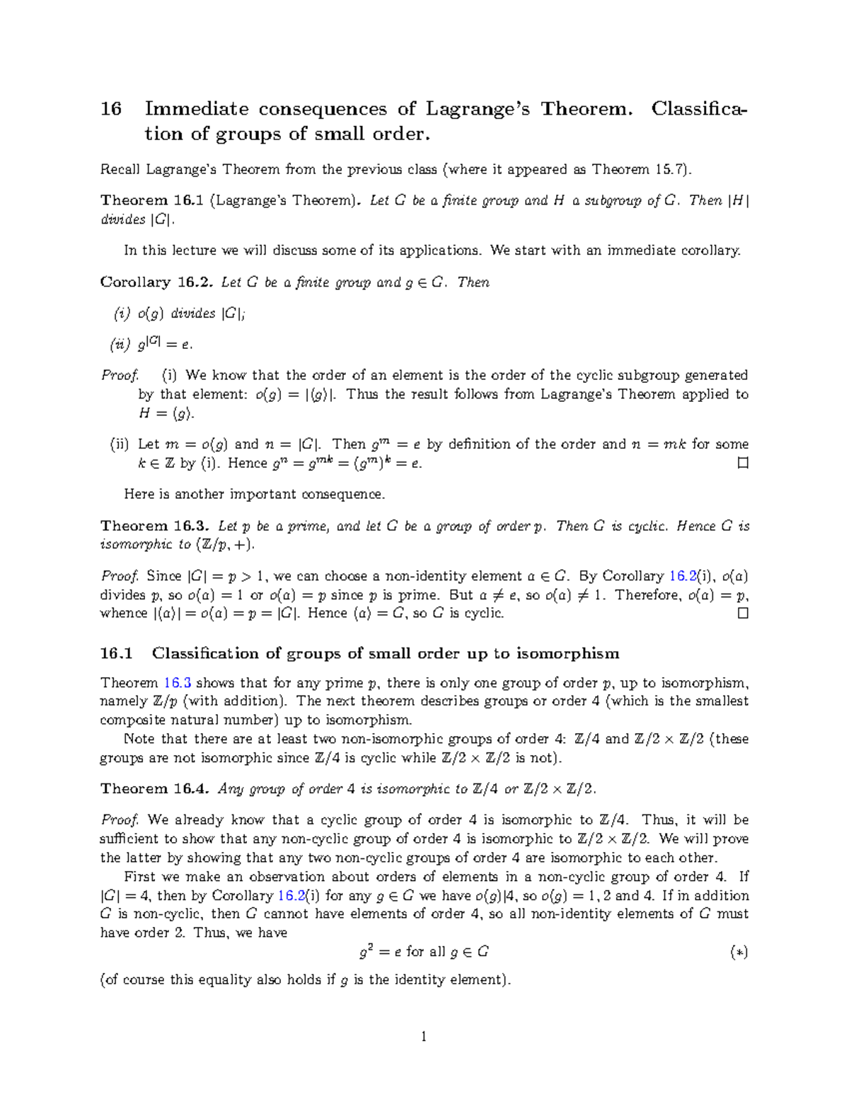 Lecture 16 - Class Notes - 16 Immediate consequences of Lagrange’s ...