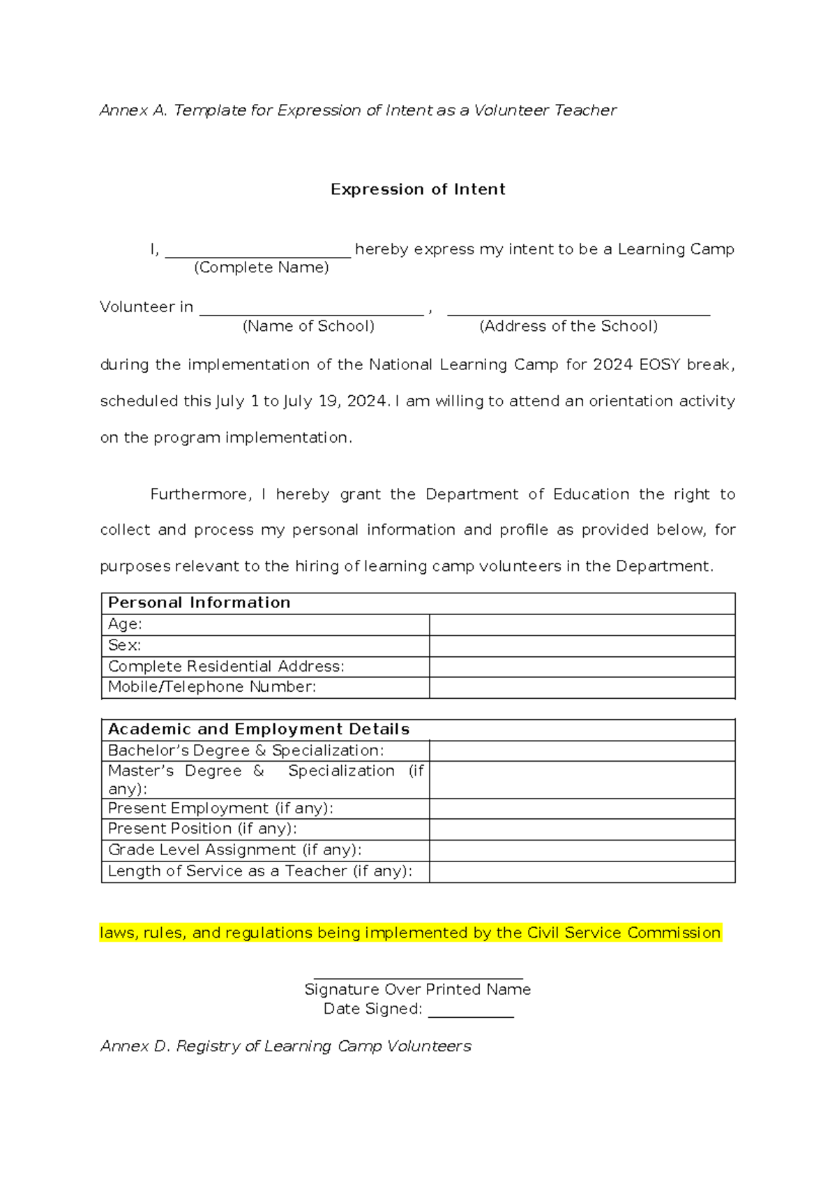 NLC VolunteerAnnexes1 Annex A. Template for Expression of Intent as a Volunteer Teacher