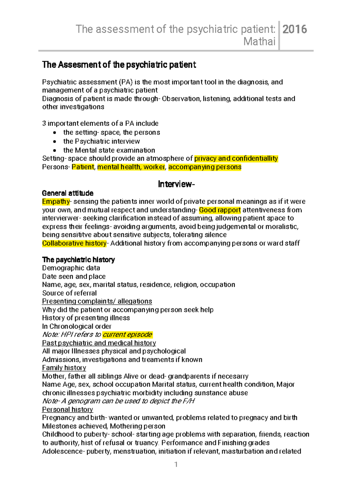 2a. THE Assessment OF THE Psychiatric Patient - The assessment of the ...