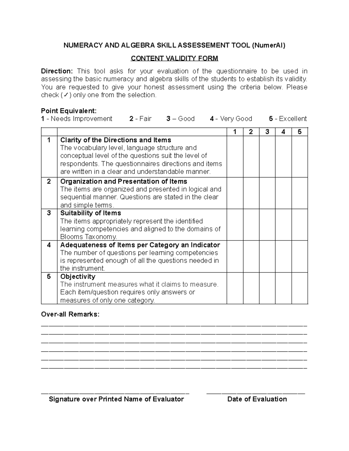 Numeracy AND Algebra Skill Assessement TOOL - CONTENT VALIDITY FORM ...