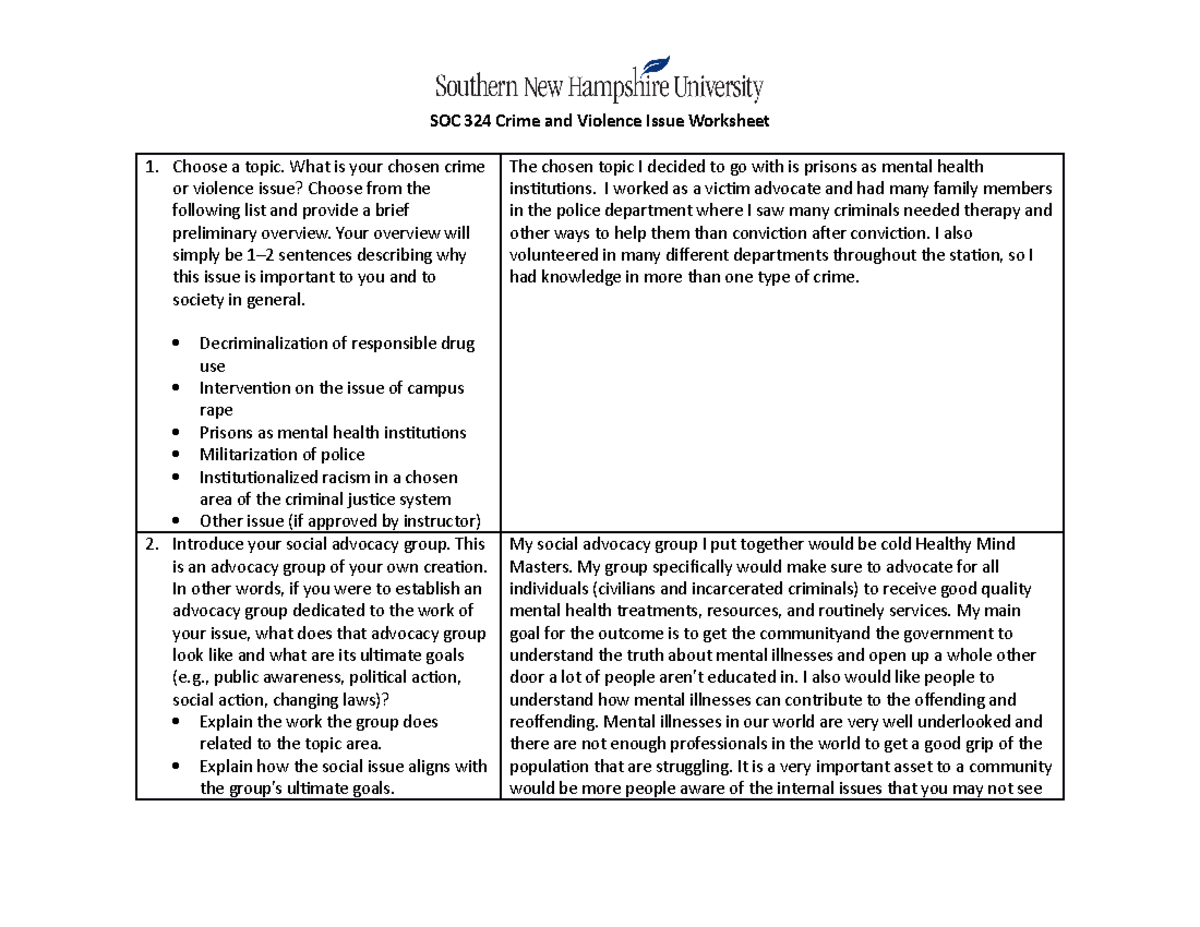 Soc324 crime and violence issue worksheet (1) completed - SOC 324 Crime ...