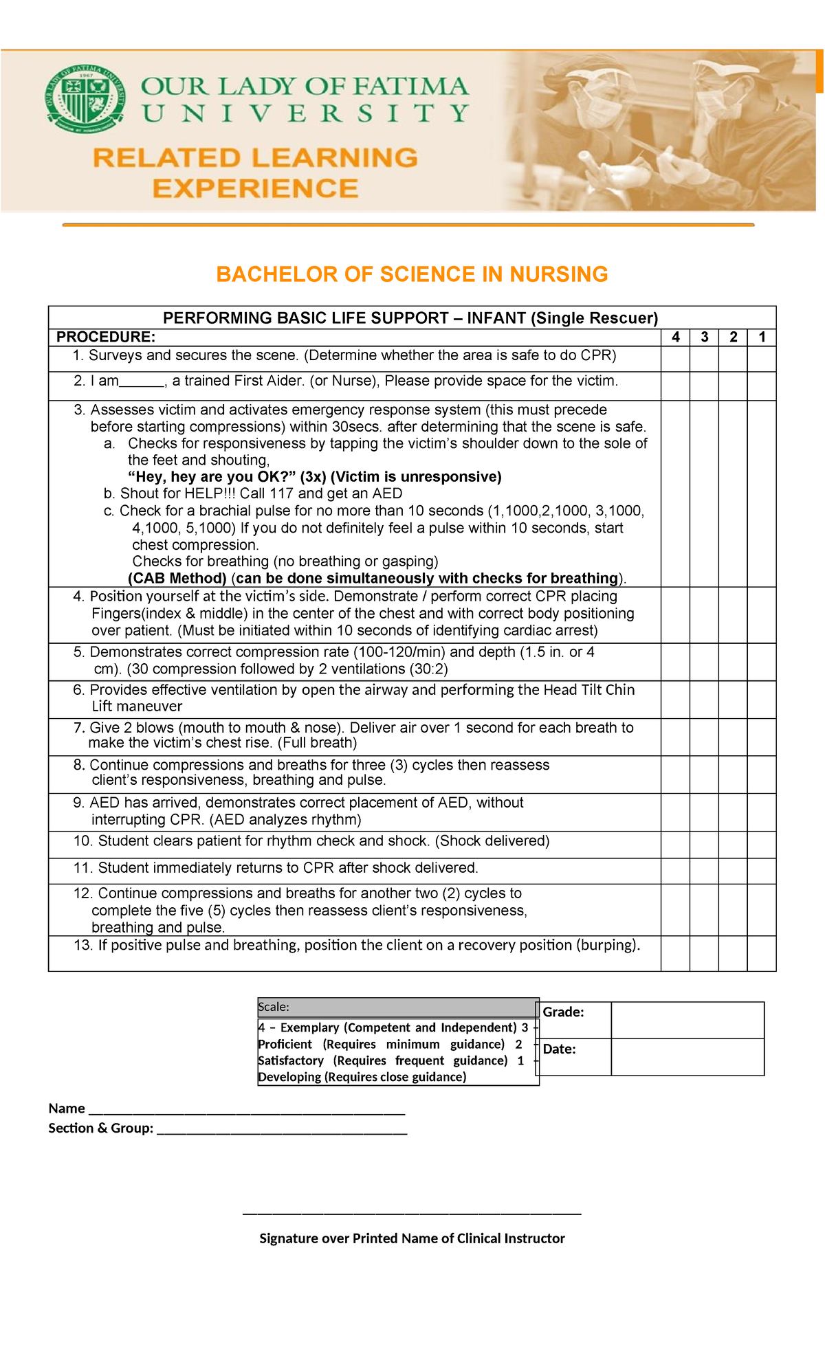Performance Checklist CPR Infant - BACHELOR OF SCIENCE IN NURSING ...