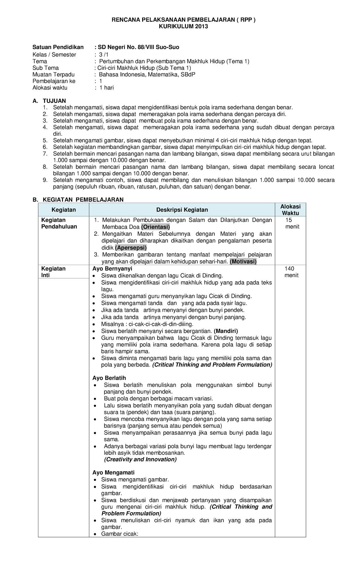 TEMA 1 SUB 1 Pembelajaran 1 - RENCANA PELAKSANAAN PEMBELAJARAN ( RPP ...