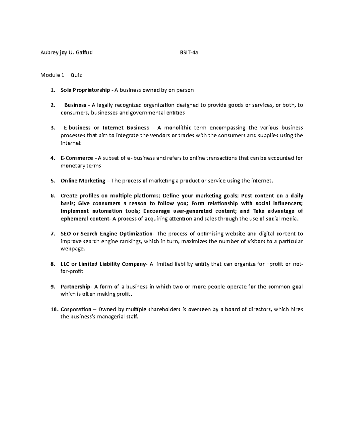 Module 1 quiz for everybody Aubrey joy U. Gaffud BSIT4a Module 1