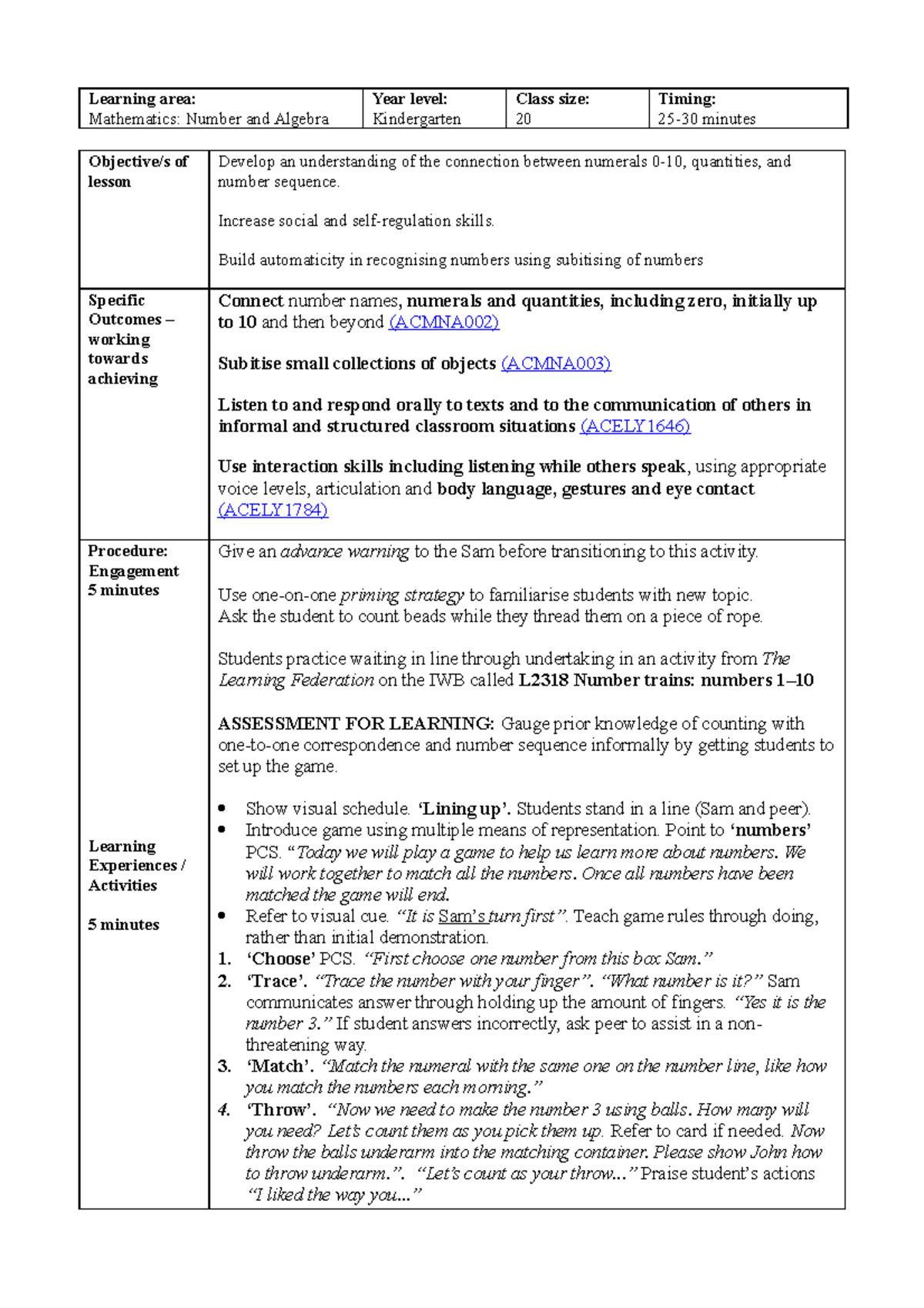 Lesson Plan - assignment - Learning area: Mathematics: Number and ...