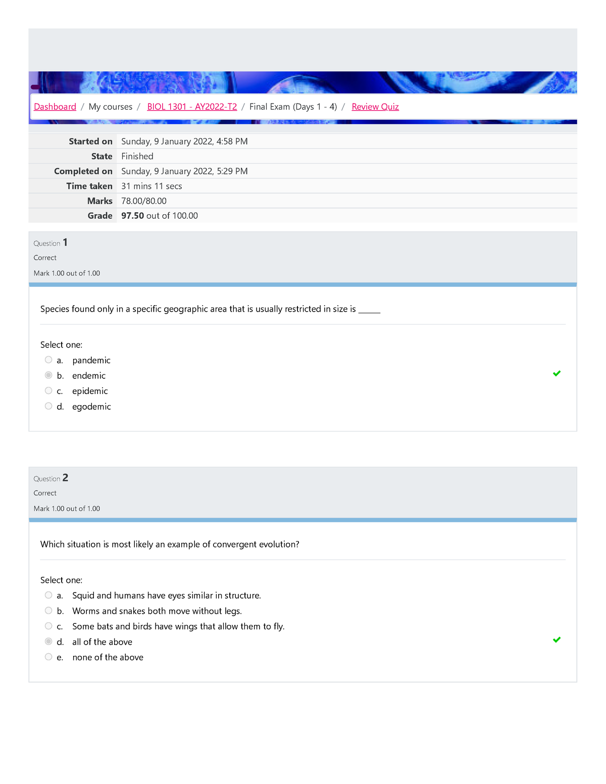 Review Quiz Attempt Review - Started On Sunday, 9 January 2022, 4:58 PM ...