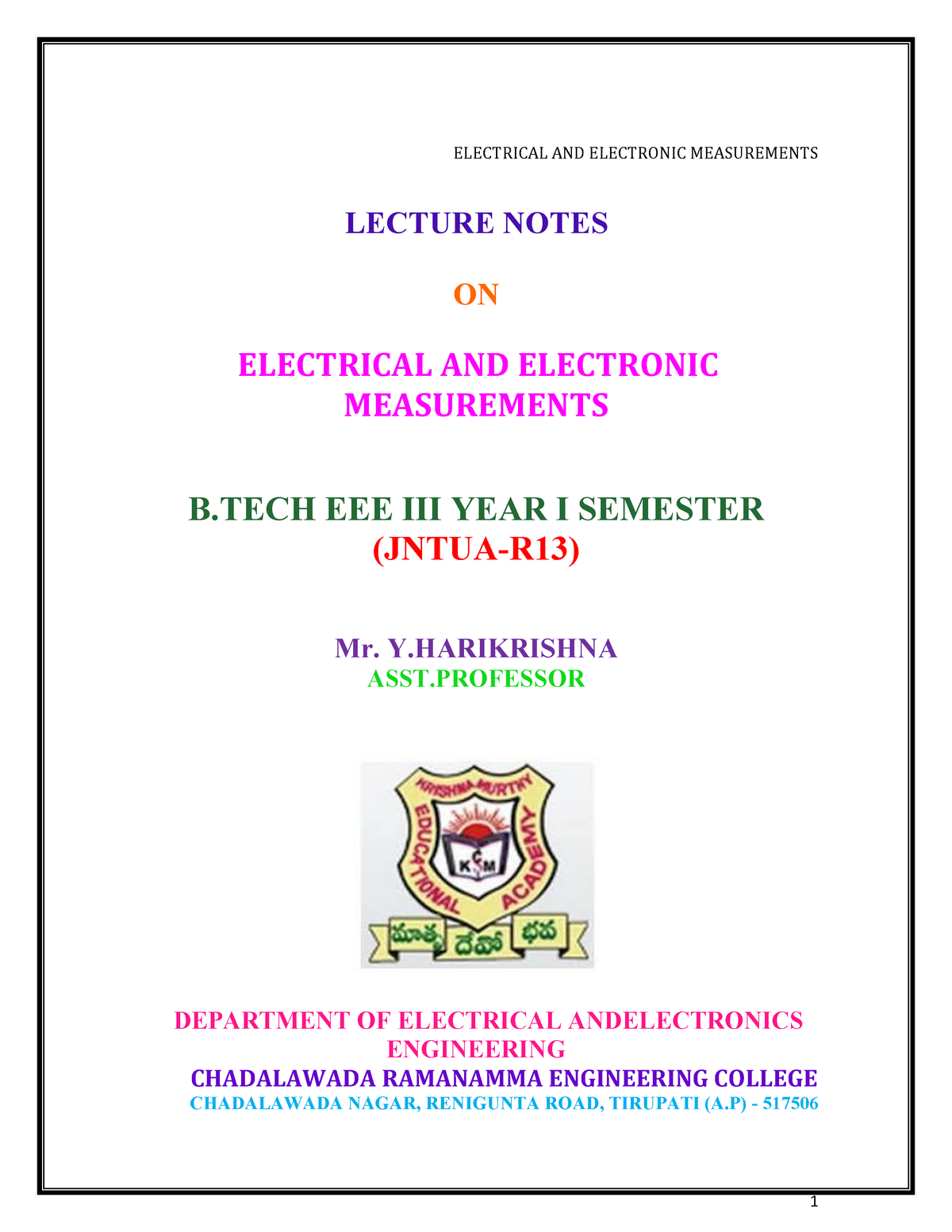 Eem Lecture Notes Electrical And Electronic Measurements Lecture